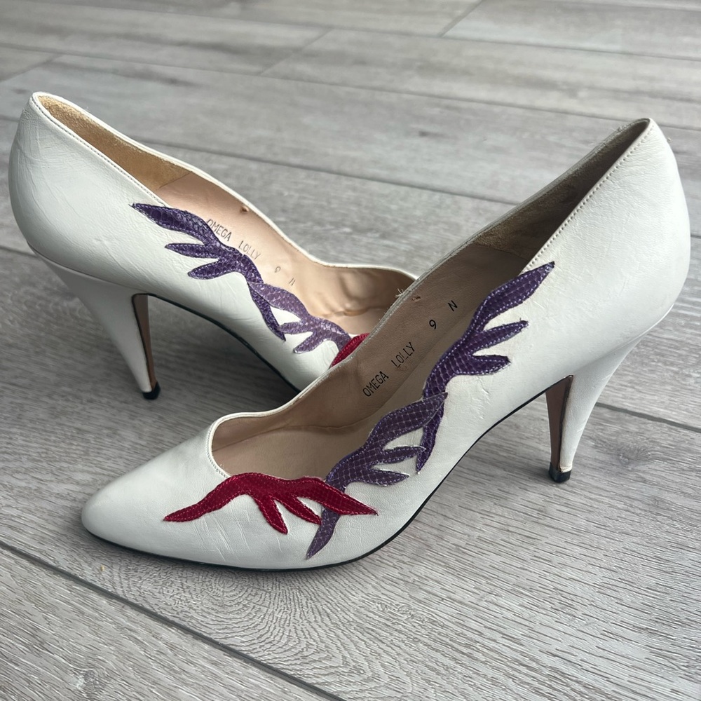 Vintage Salvatore Ferragamo White Heels with Red and Purple Snakeskin - Picture 2 of 10